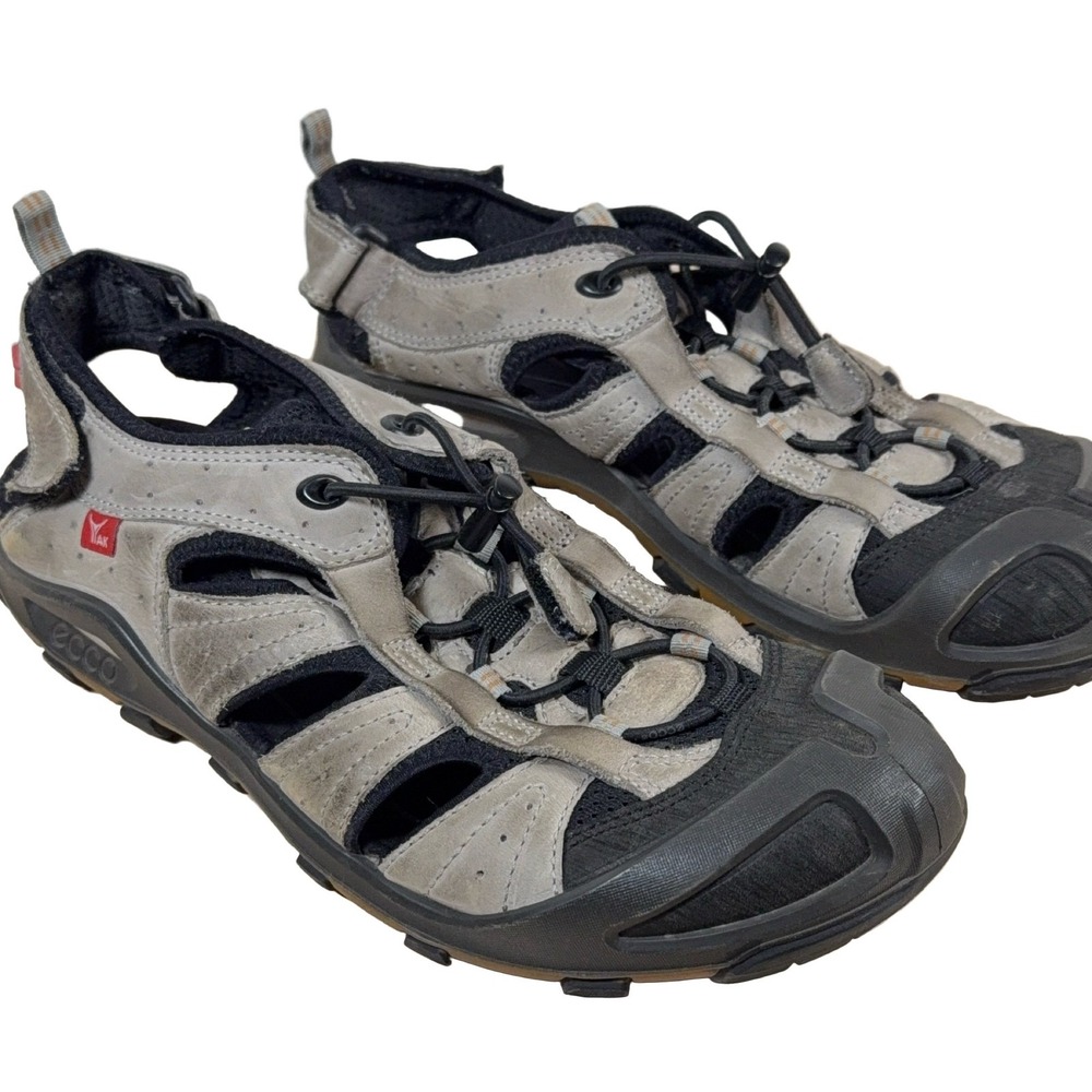 ECCO Yucatan Men's Sandals Grey Black Leather Size 45 Comfort Hook Loop 11.5 US